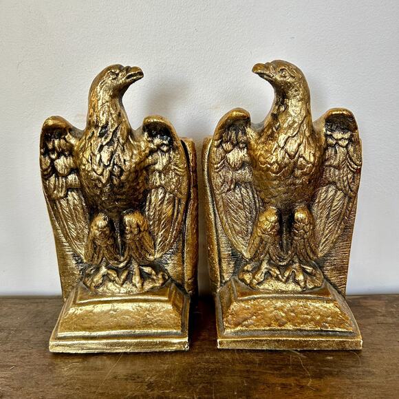 Vintage Pair of Gilt Gold American Eagle Bookends | Americana Country Decor - Picture 1 of 12